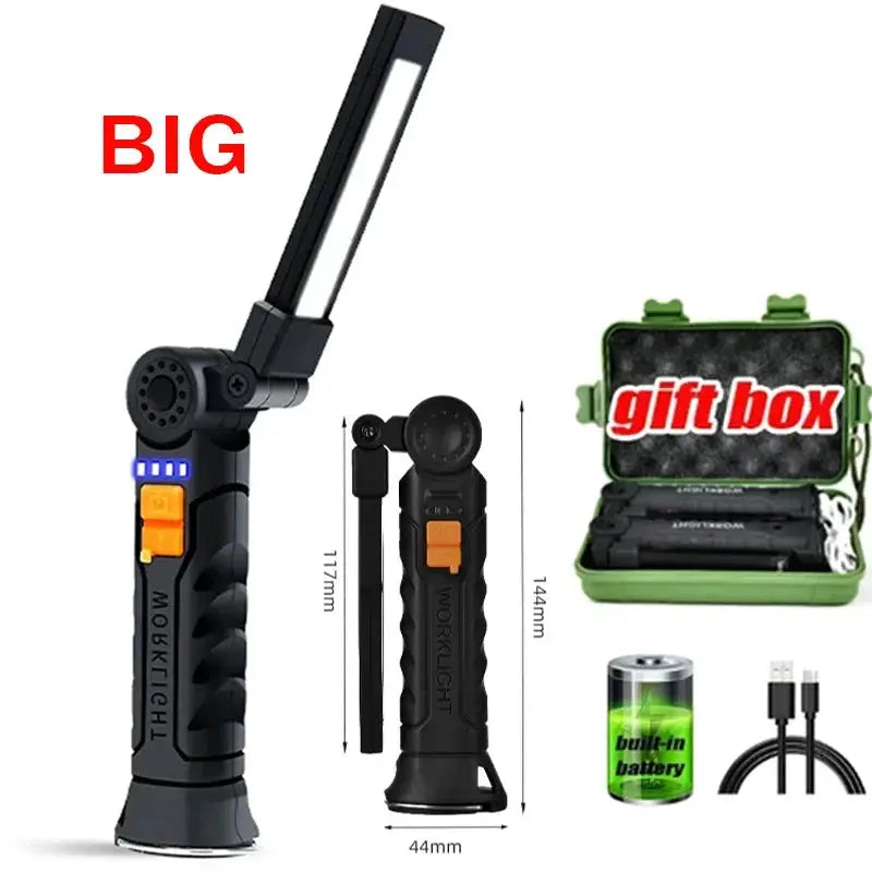 LuminaForge USB Rechargeable COB LED Flashlight Work Light with Magnetic Hook and 360 Degree Rotation
