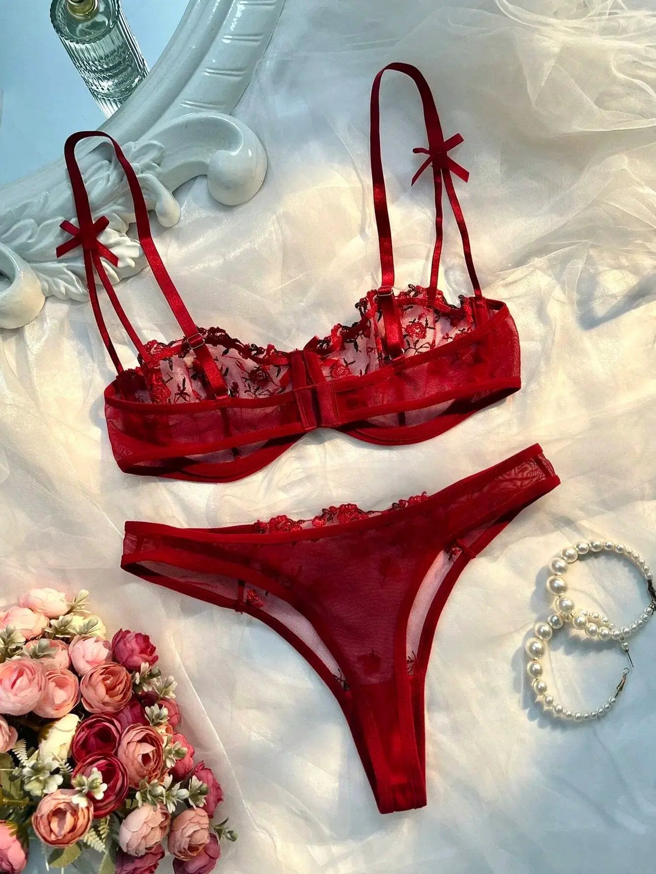 LaceLuxe Sheer Floral Lace Bra And Panty Set Wire Free Half Cup Push Up Comfort Fit