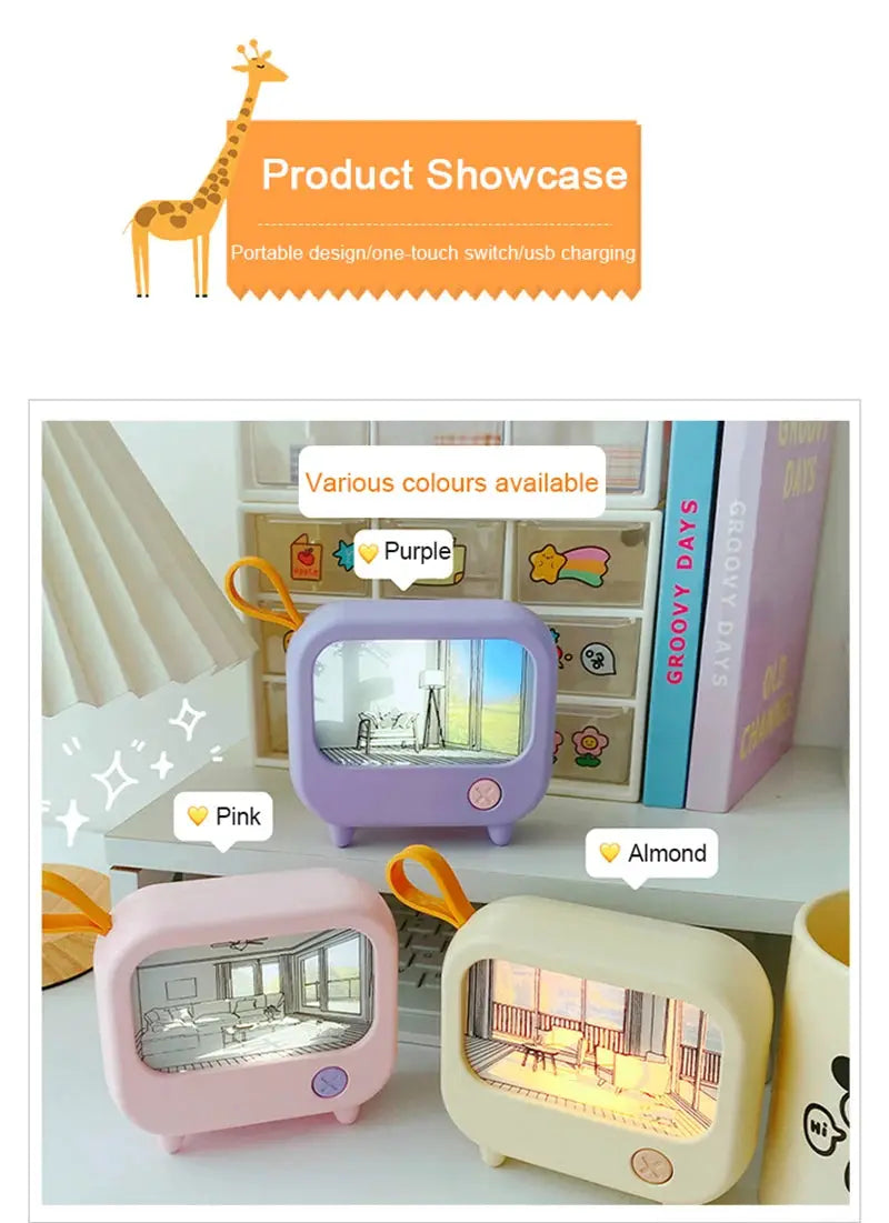 TV painting night light set of three mini retro TV lamps in pink, purple and almond for kids’ desks and room decor