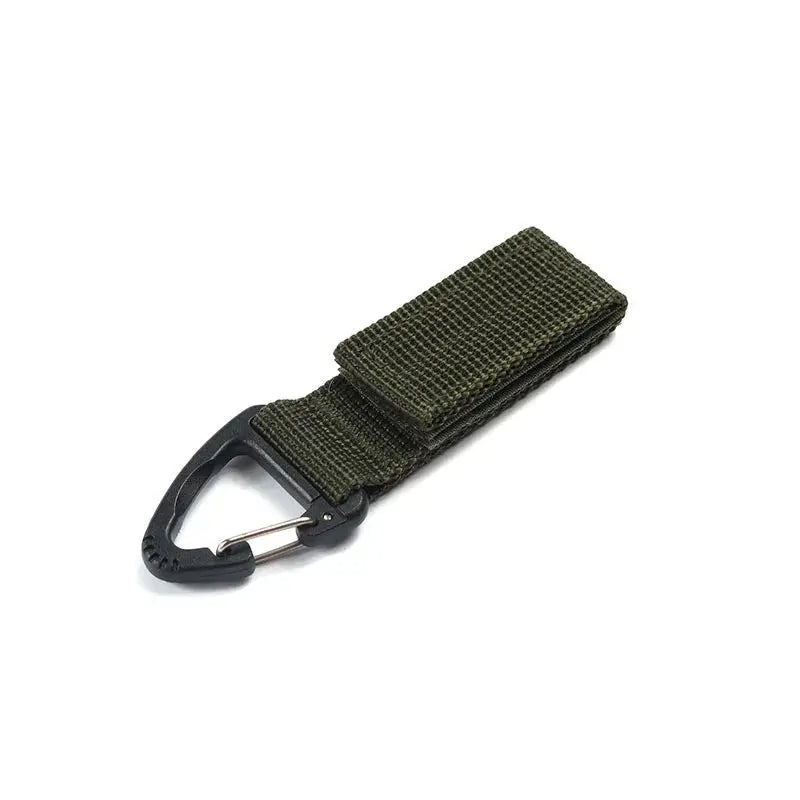 Nylon strap with black carabiner clip on olive green webbing, Simples Market outdoor gear