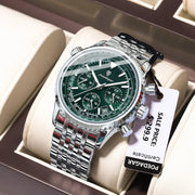 POEDAGAR men's luxury date chronograph watch with green dial and stainless steel bracelet