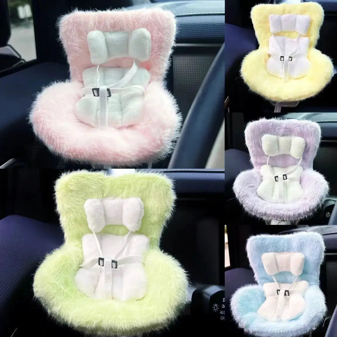 Plush five doll car safety seats for 17cm dolls in pink, yellow, lime, lavender, and blue.