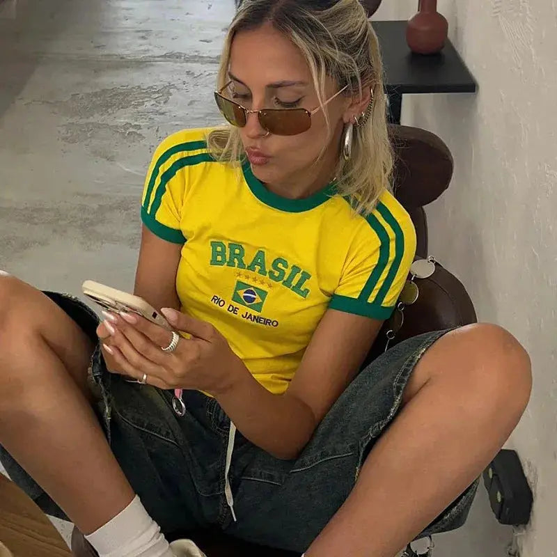 Womens Aesthetic Brasil Letter Print T Shirt And Shorts Set Y2K Grunge