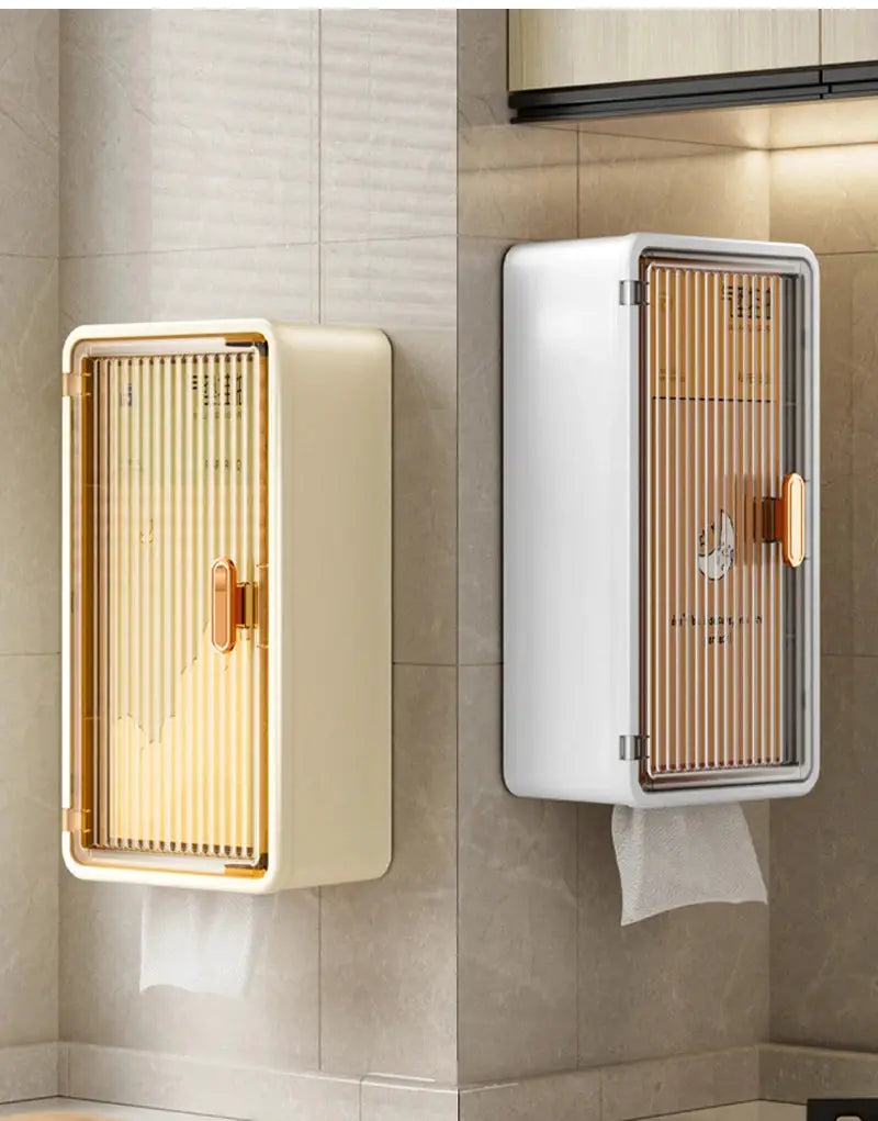 Simples Market bathroom wall-mounted tissue box storage rack set, two units in beige and white with orange-front panels