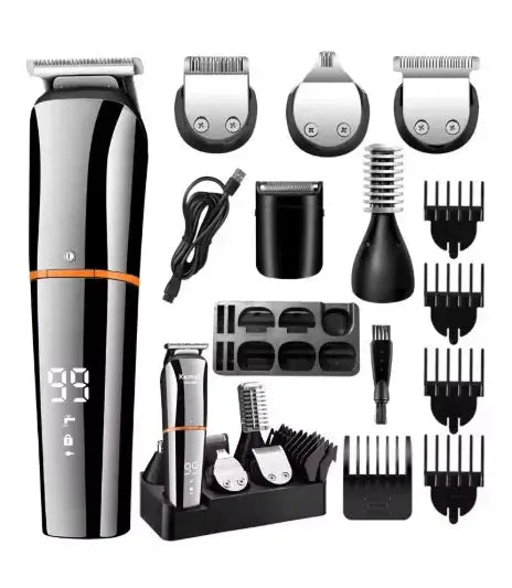 Kemei KM-5898 waterproof 11-in-1 men's grooming kit with black-silver cordless trimmer and attachments