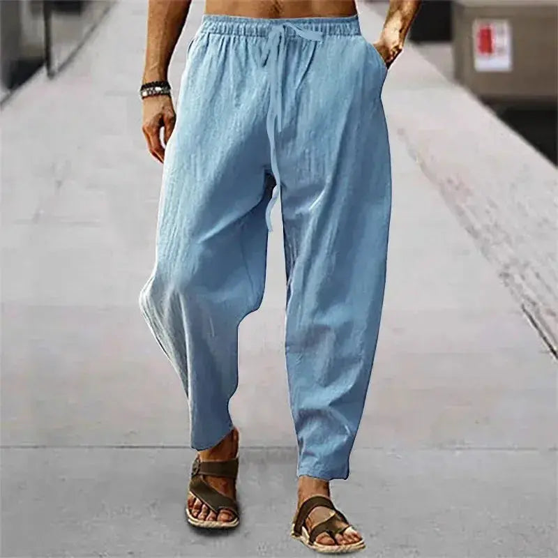 New Men's Cotton Linen Pants Summer and Autumn High Waist Wide Leg Trousers Breathable Casual Loose Fit