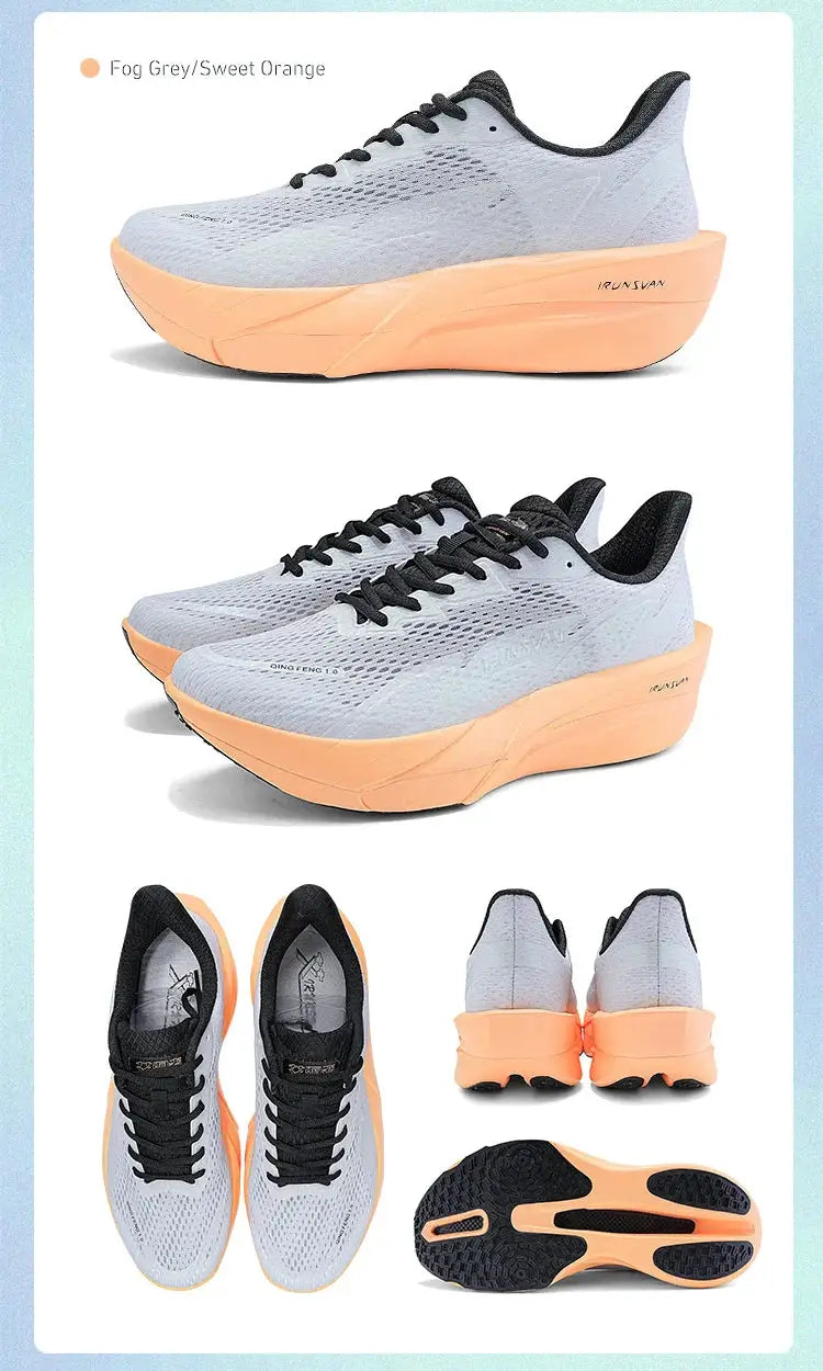 IRUNSVAN carbon fiber sneakers in fog grey with sweet orange thick sole, unisex training shoes.