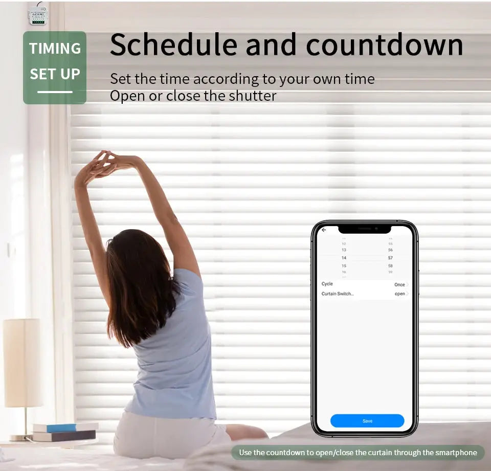 Tuya WiFi Smart Curtain Switch for roller blinds; app-based scheduling and Alexa/Google Home control