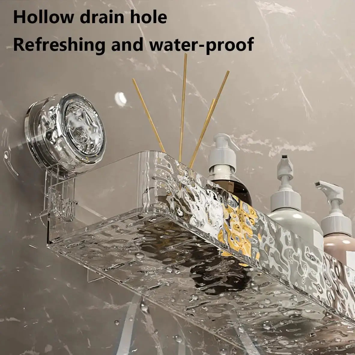Clear corrugated suction-cup bathroom shelf, no-drill wall mount for bottles and toiletries.