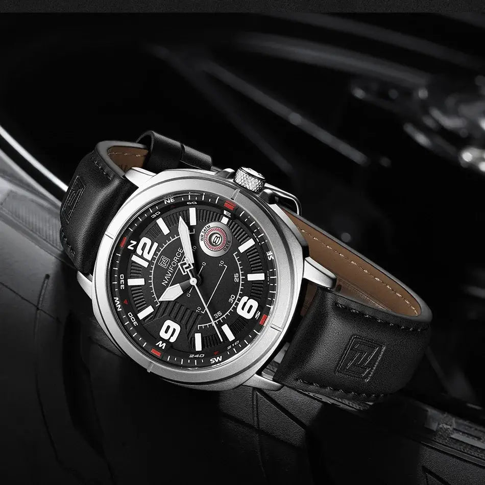 NAVIFORCE men's quartz watch with PU strap, black dial, calendar display, stainless steel case