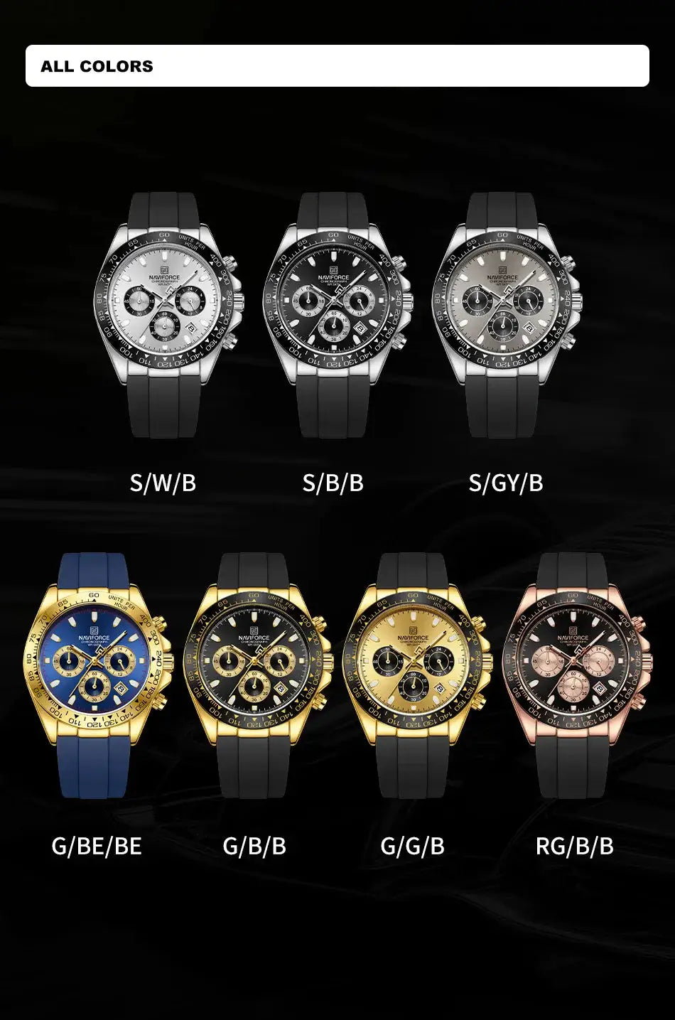 NAVIFORCE men's chronograph watch with silicone strap, shown in 7 colorways.