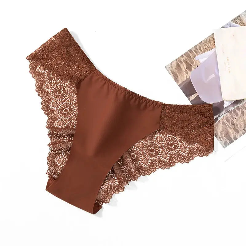 TrowBridge 3-piece brown silk satin panties set with lace trim by Simples Market