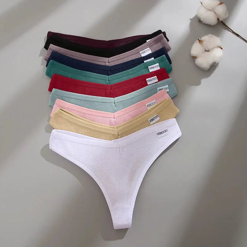Thong panties 12-pack, waffle cotton, V-waist, solid colors for women