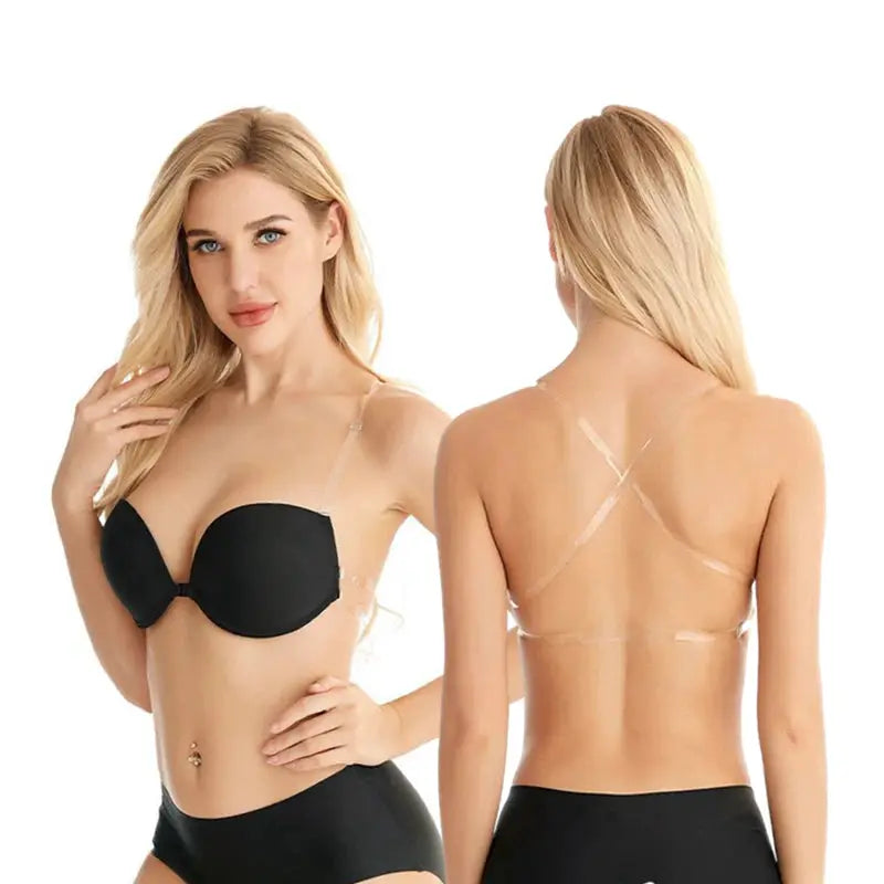 Backless front-closure push-up bra in black with transparent multiway straps by Simples Market, women's lingerie.