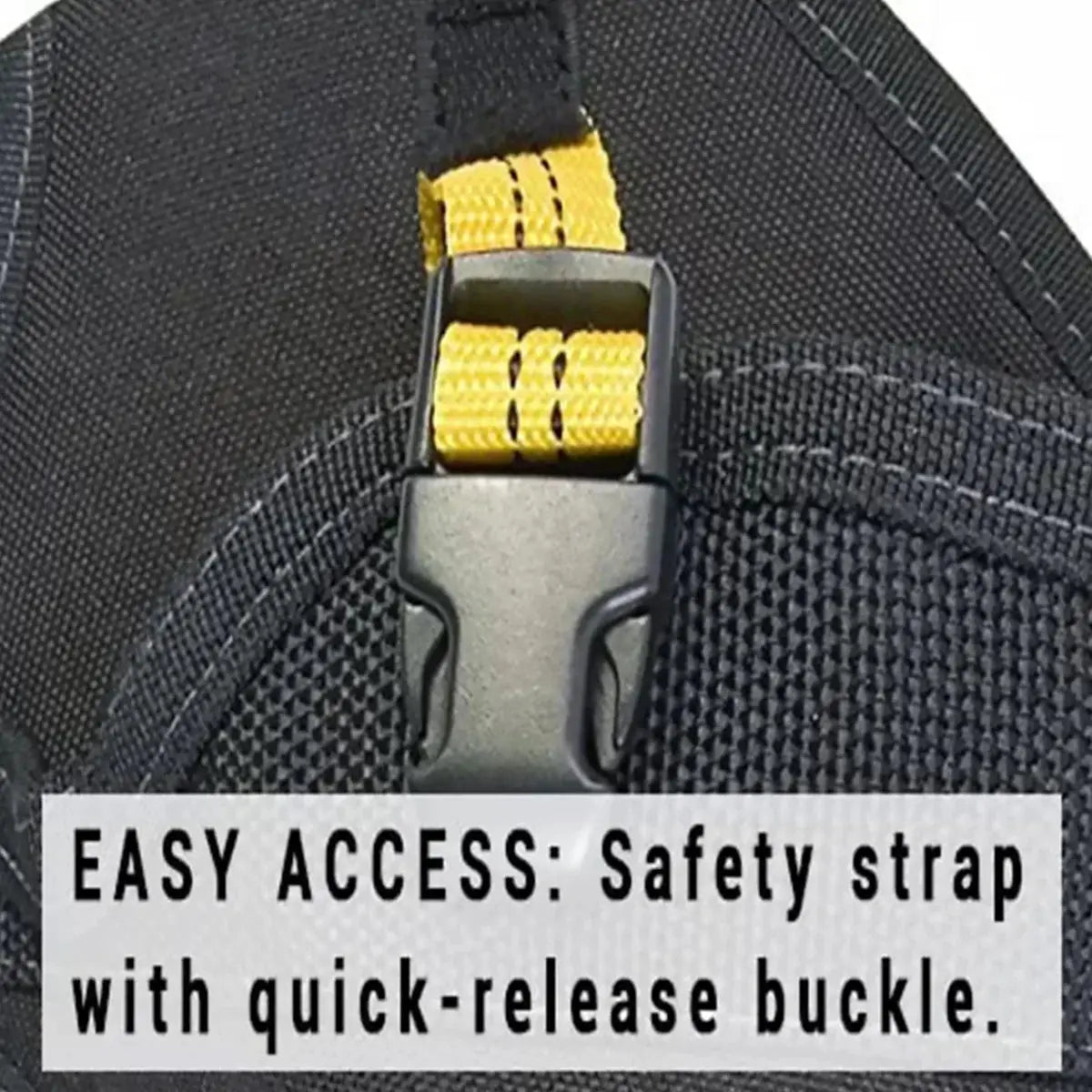 Cordless drill holster with yellow quick-release safety strap and metal clip on black tool bag