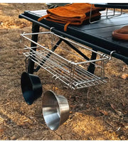 Outdoor table side storage rack with two hanging pots and folding wire basket, Simples Market, silver.