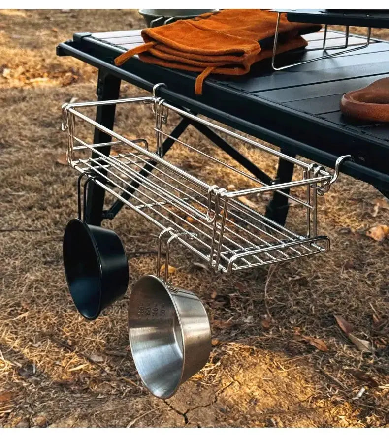 Outdoor table side storage rack with two hanging pots and folding wire basket, Simples Market, silver.