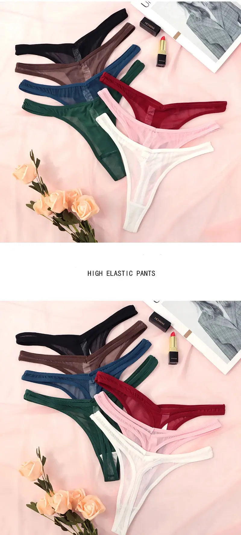 Seamless thong set for women in 7 colors; translucent mesh, T-back underwear by Simples Market