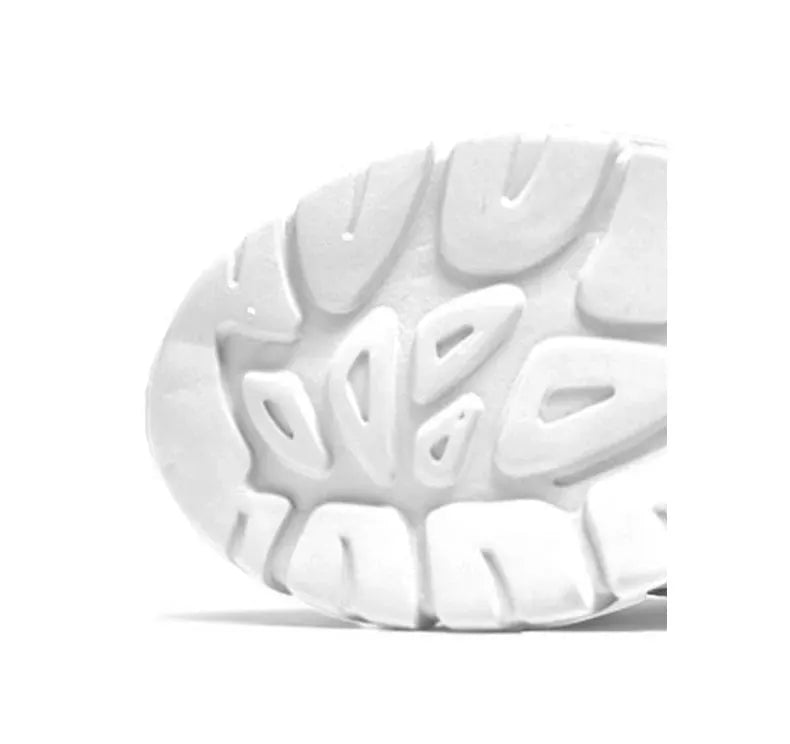 Men's white sneakers bottom sole close-up showing thick tread and rugged pattern