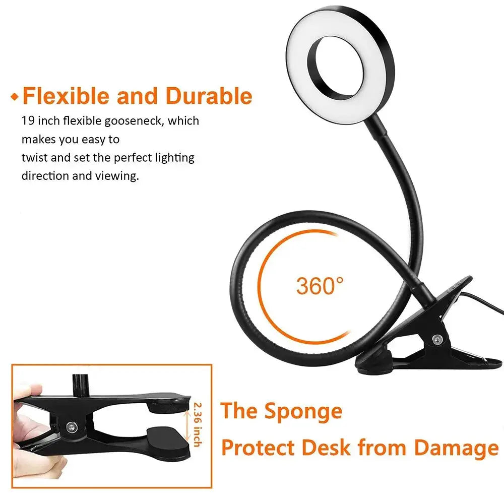Simples Market desk lamp clip with 360° flexible gooseneck ring light and USB power for reading