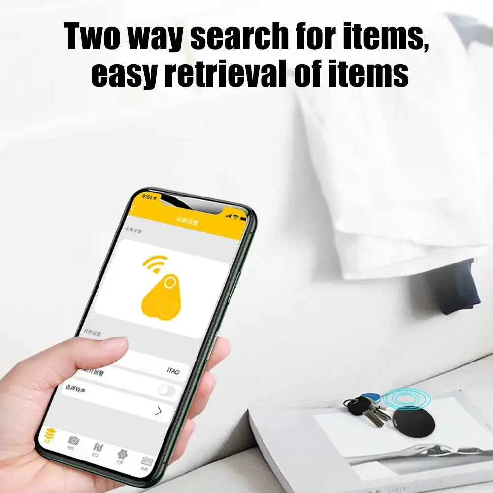 Pet GPS Bluetooth 5.0 tracker, round mini anti-lost device, shown with smartphone app and keys