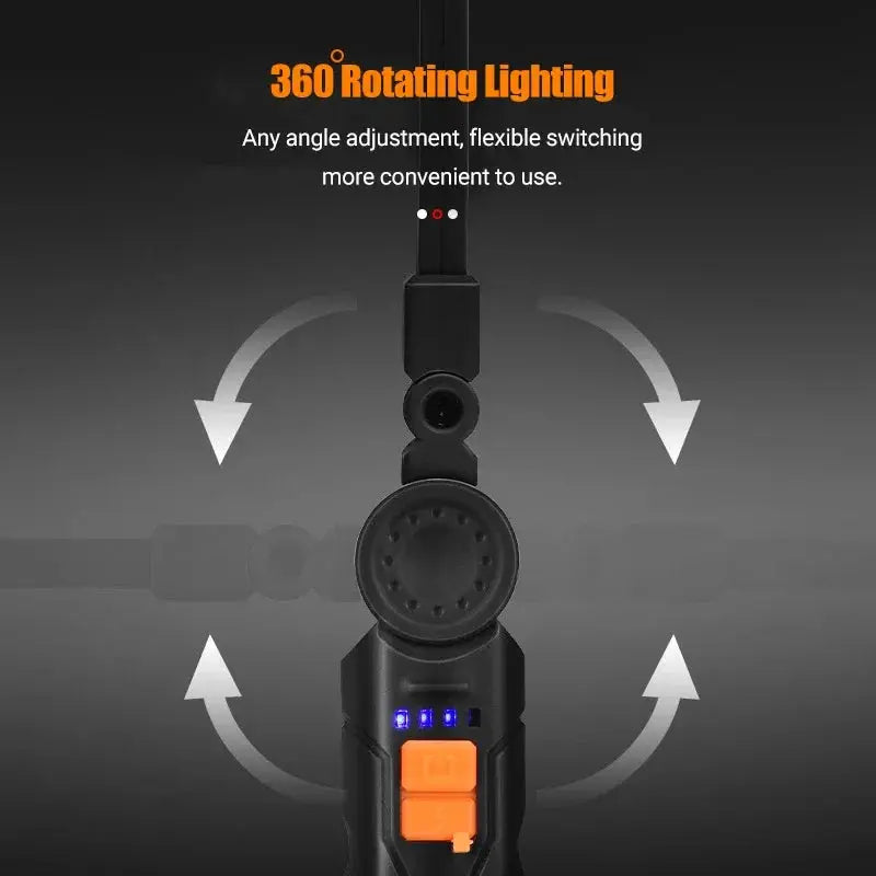 LuminaForge USB Rechargeable COB LED Flashlight Work Light with Magnetic Hook and 360 Degree Rotation