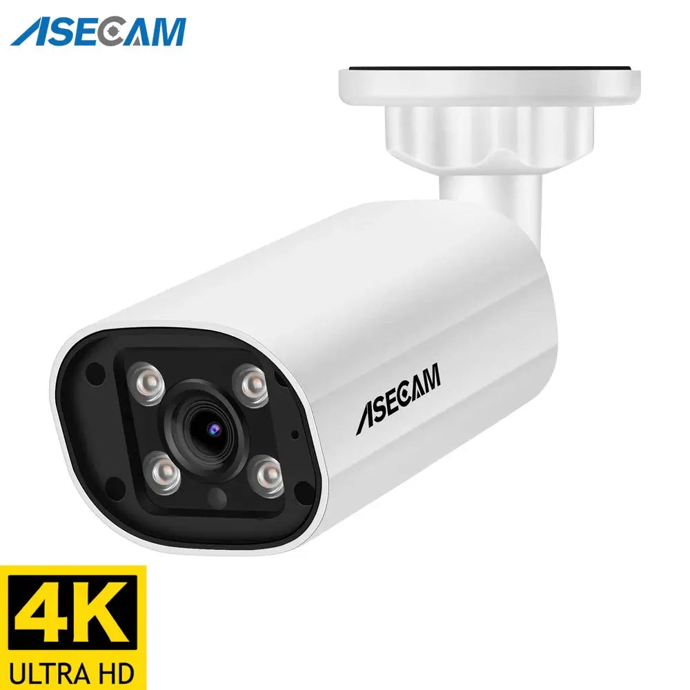 ASECAM 4K IP security camera, outdoor white housing with four LEDs around the lens