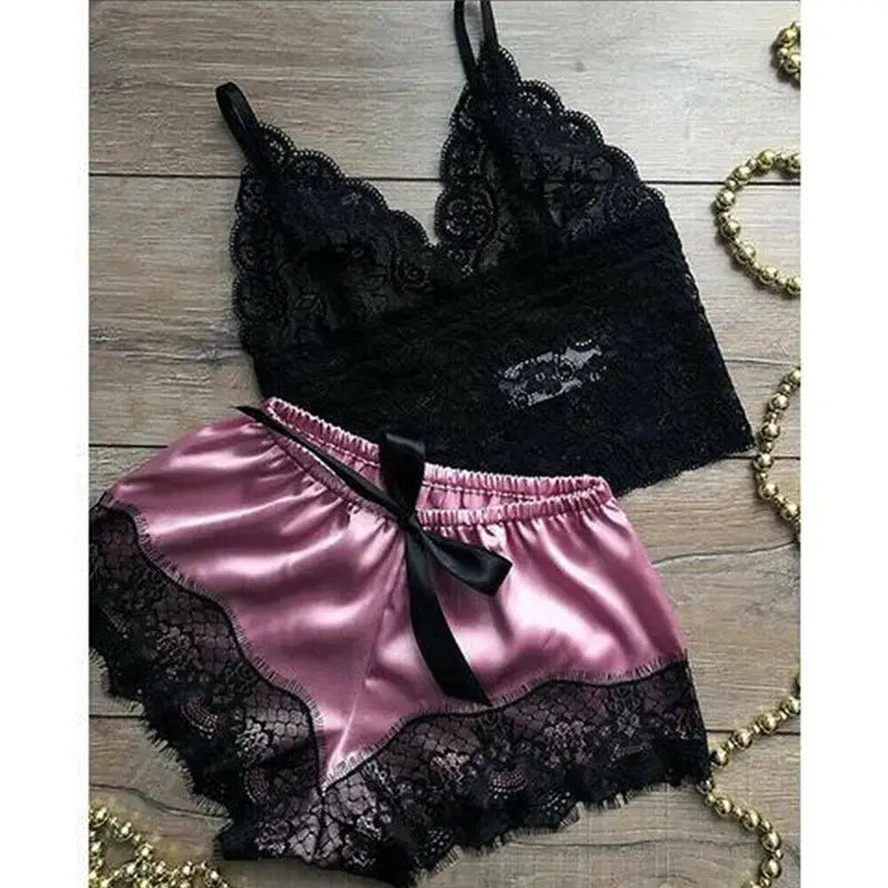 LaceLuxe Womens Lace Sleepwear Set Delicate Lace Top With Satin Shorts Babydoll Nightwear Comfort