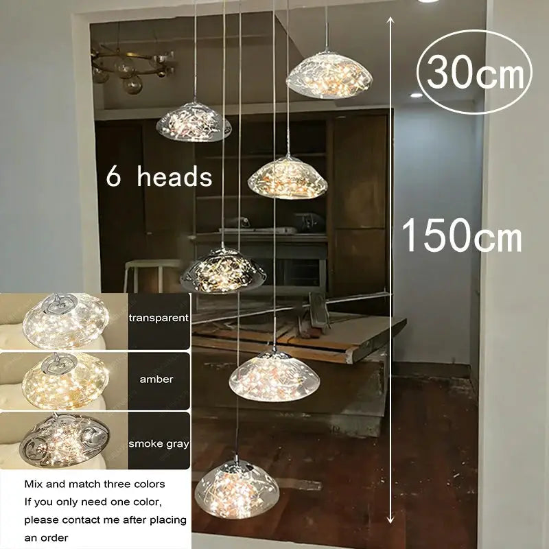 Six-head glass dome pendant lights by Simples Market; transparent, amber and smoke-gray options
