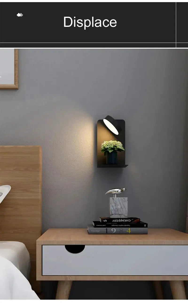 Simples Market bedroom LED wall lamp mounted on a black wall panel with a small shelf, modern sconce