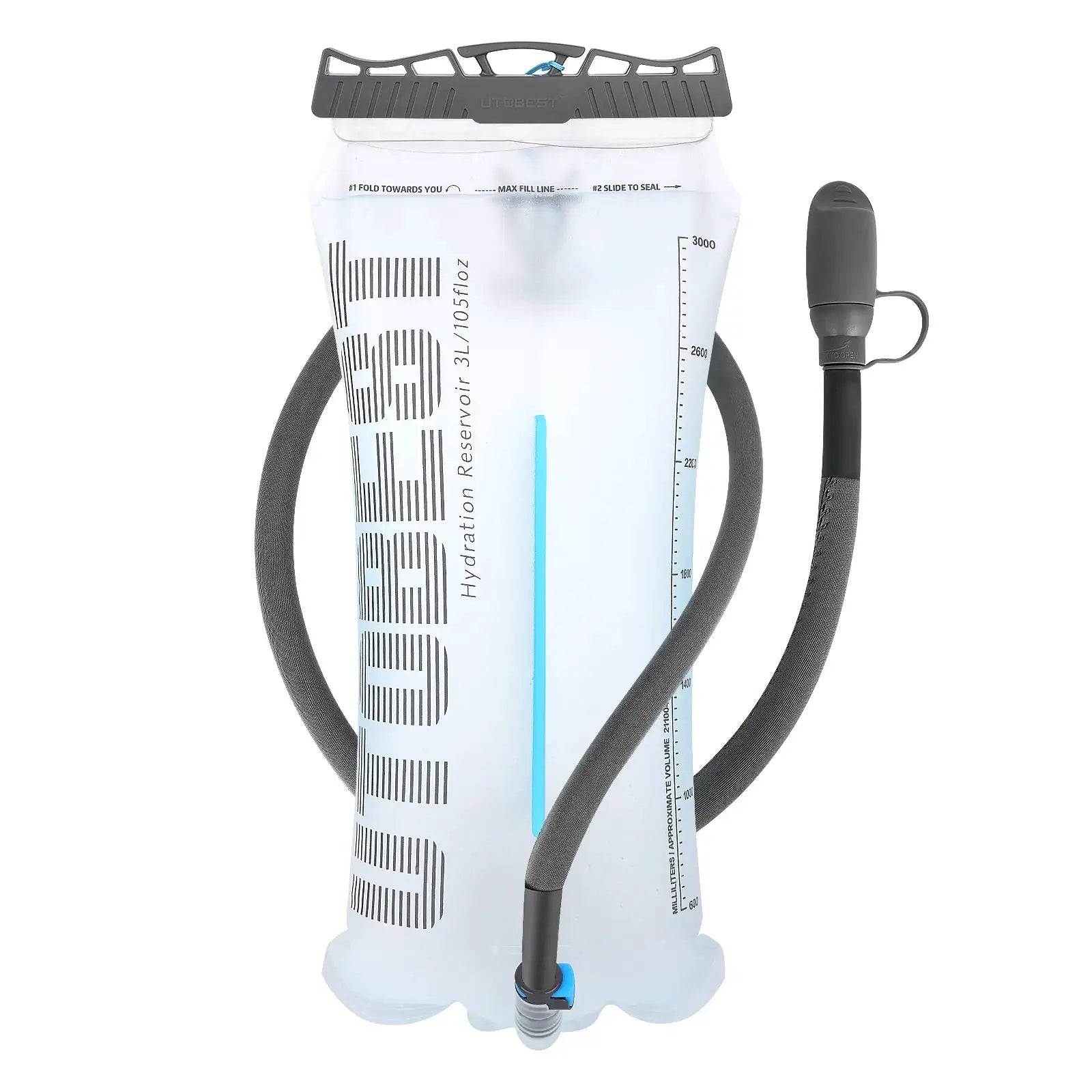 UTOBEST hydration bladder reservoir, 1.5–3L, clear TPU with measurement marks, gray hose and bite valve