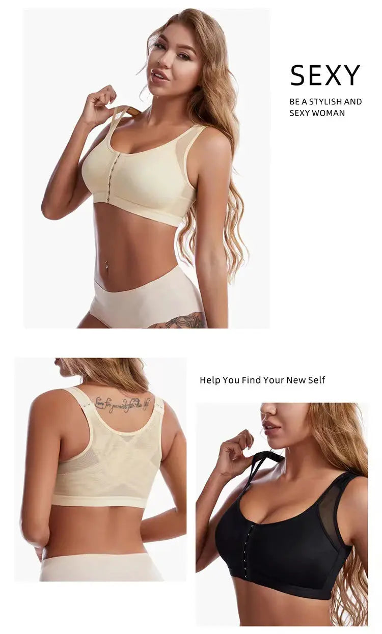 Bra set by Simples Market; front-closure wireless bras in beige and black, 3 items shown (front and back views)