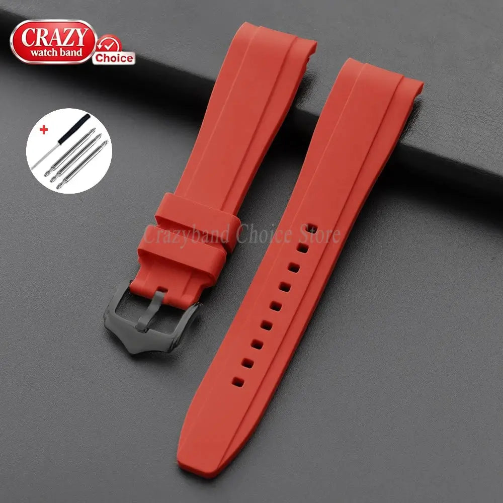 Two red silicone watch straps with gray buckle, curved-end design, CrazyBand logo.
