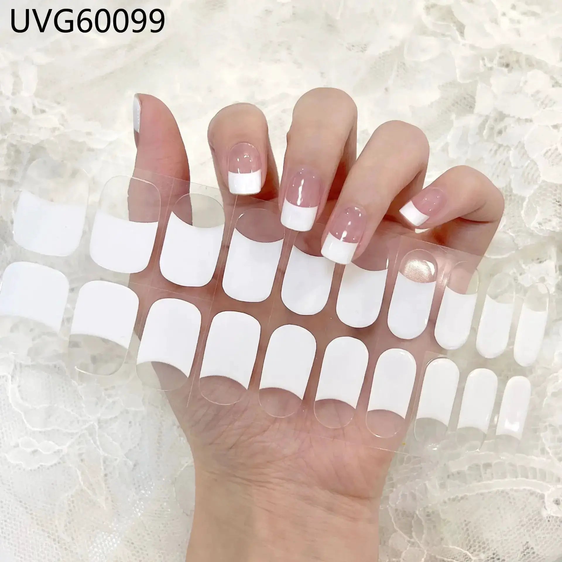 Gel nail wraps set by Simples Market with white French-tip stickers on clear strips (16/20/22 tips)