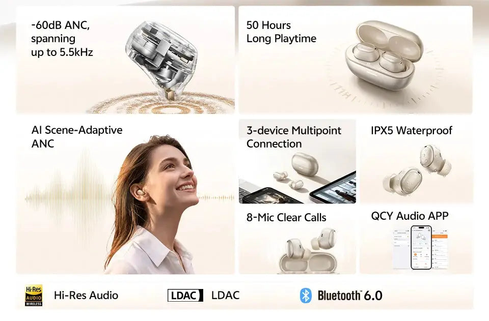 QCY MeloBuds A30 wireless earbuds, white pair with case, 60dB ANC, LDAC, 3-device multipoint, IPX5