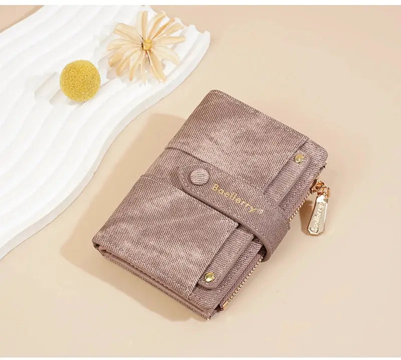 Baellerry rose-pink women's short wallet with zipper coin pocket and detachable card clip