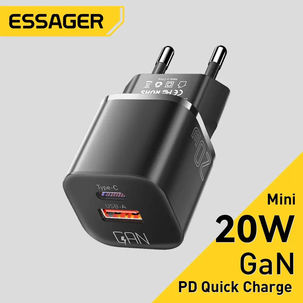 Essager 20W GaN USB-C wall charger, black compact adapter with Type-C and USB-A ports