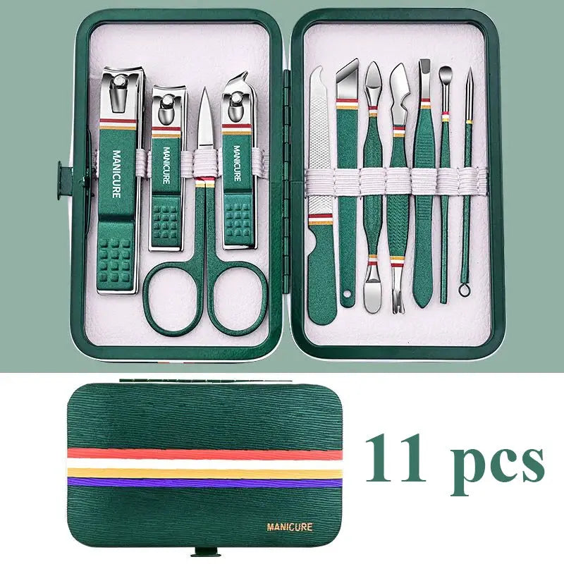 Simples Market 11-piece manicure nail tool set in green folding case with stainless steel clippers and tweezers