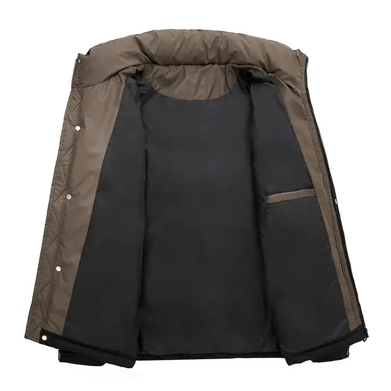 Winter men's duck-down puffer jacket by Simples Market, brown exterior with black lining and inner pocket.