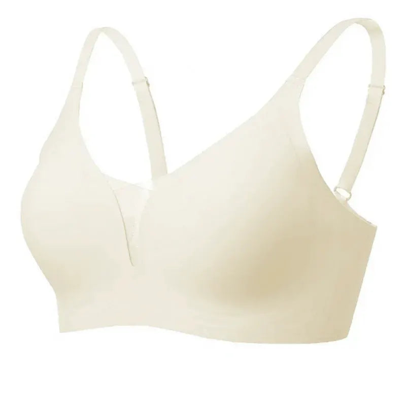 Plus-size seamless wireless bra, beige, full-coverage cups with adjustable straps