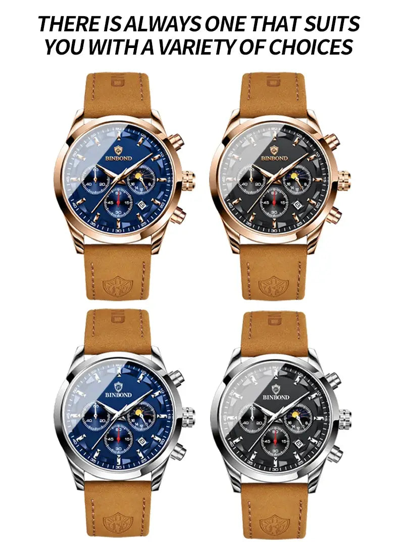 BINBOND four-watch set: luminous quartz chronographs for men with brown leather straps, blue or black dials.