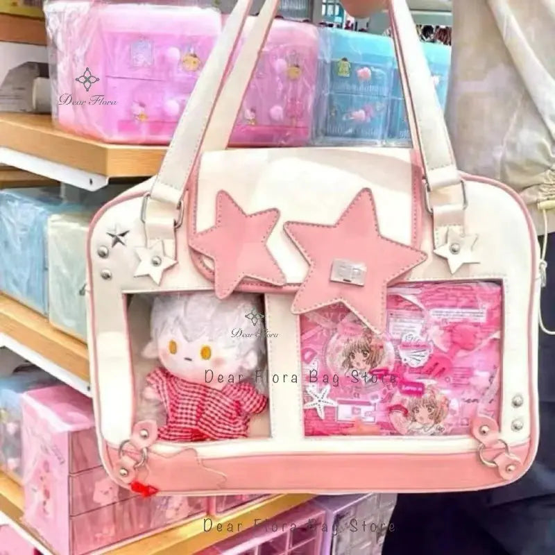 Simples Market Y2K star ita bag crossbody in cream with pink star patches and clear front windows