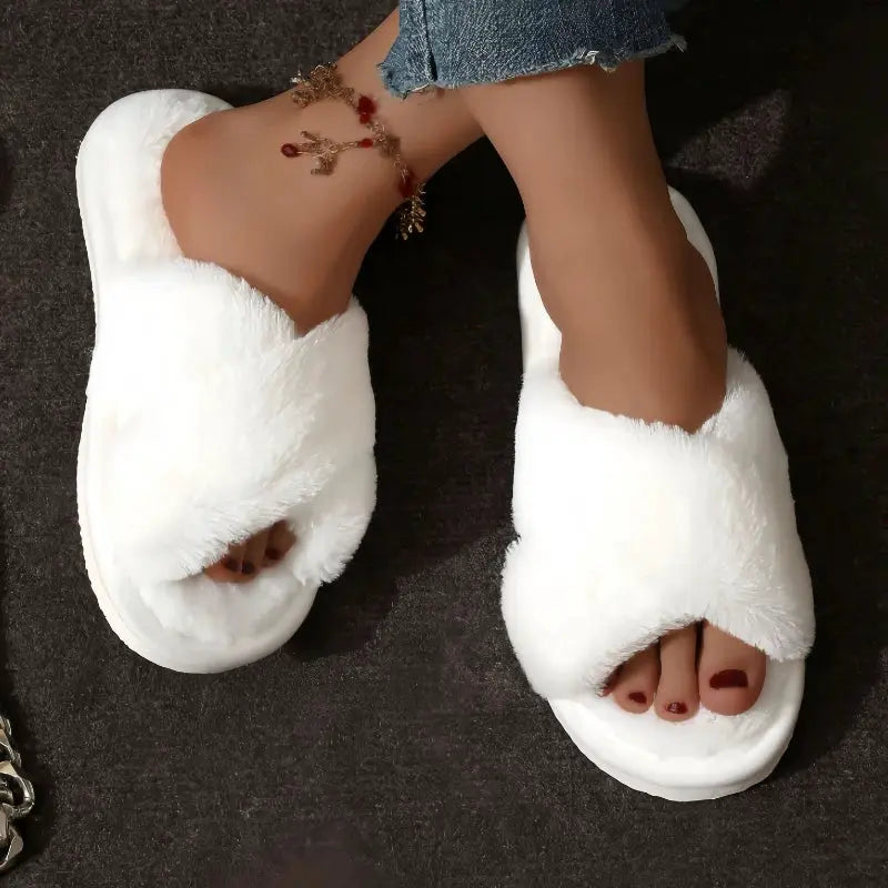 Autumn Fashion Cross Strap Faux Fur Slippers For Women Indoor Light Warm Plush Home Shoes Flat Heel