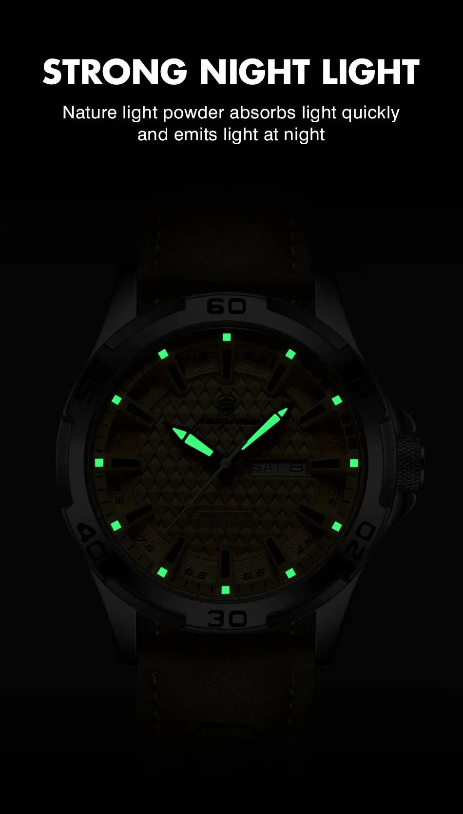 PAAZOMU men's wristwatch with luminous green dial, stainless steel case and brown leather strap