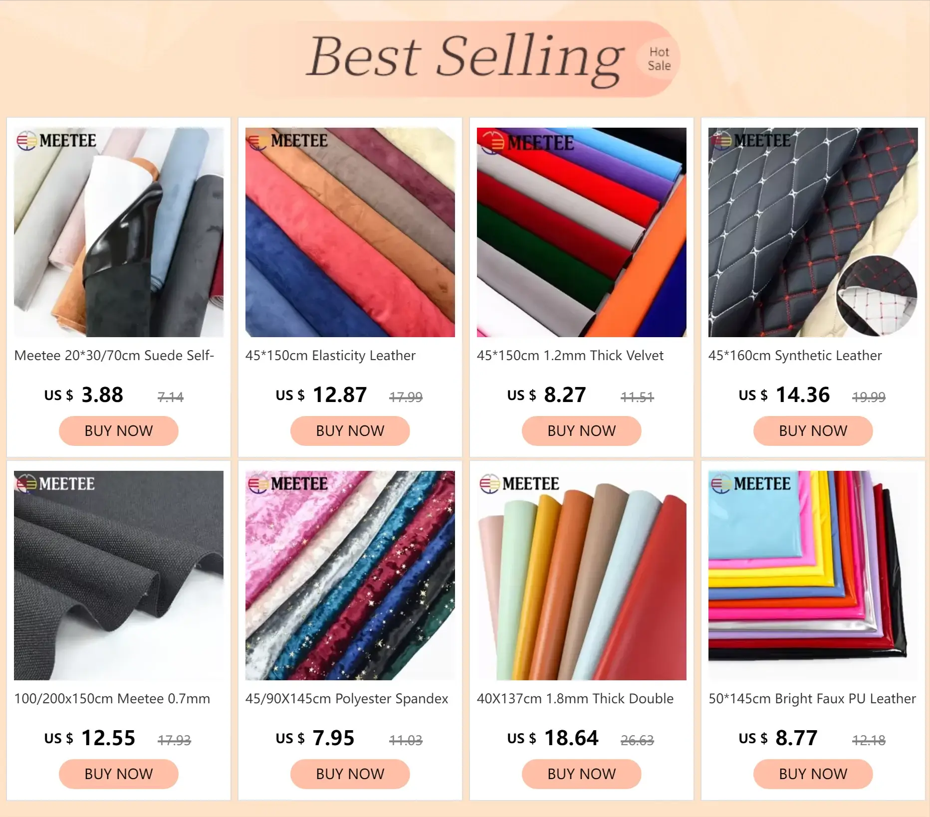 MeeteE synthetic leather fabrics grid featuring self-adhesive suede samples in assorted colors