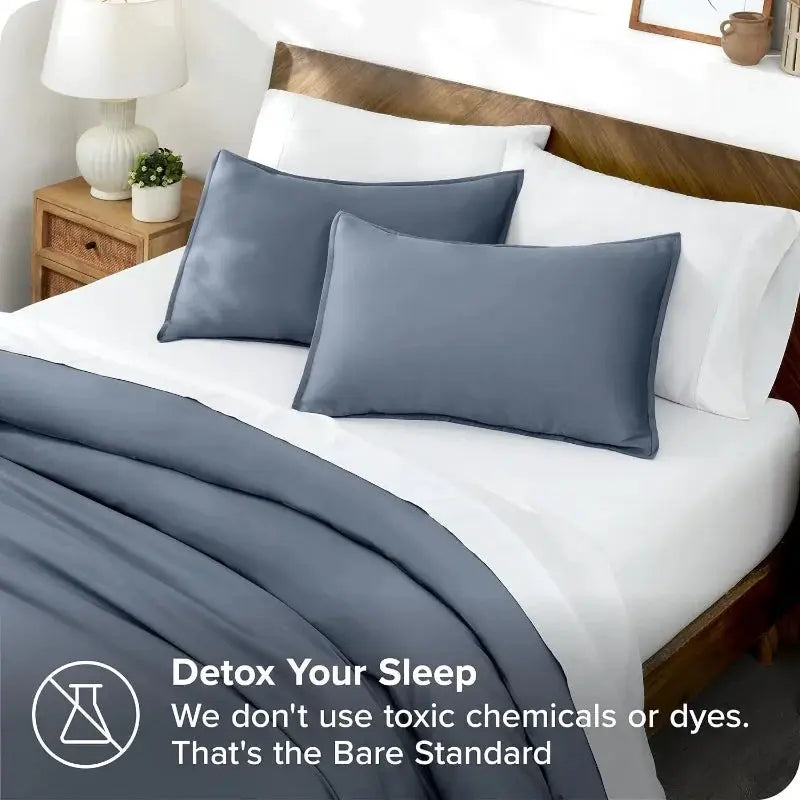 Summer Cooling Quilt Cover Set 3pc in blue-gray Lyocell bamboo on white bedding with matching pillowcases