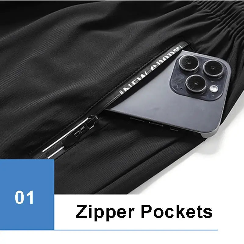 Men's black shorts with zippered pockets for gym and running