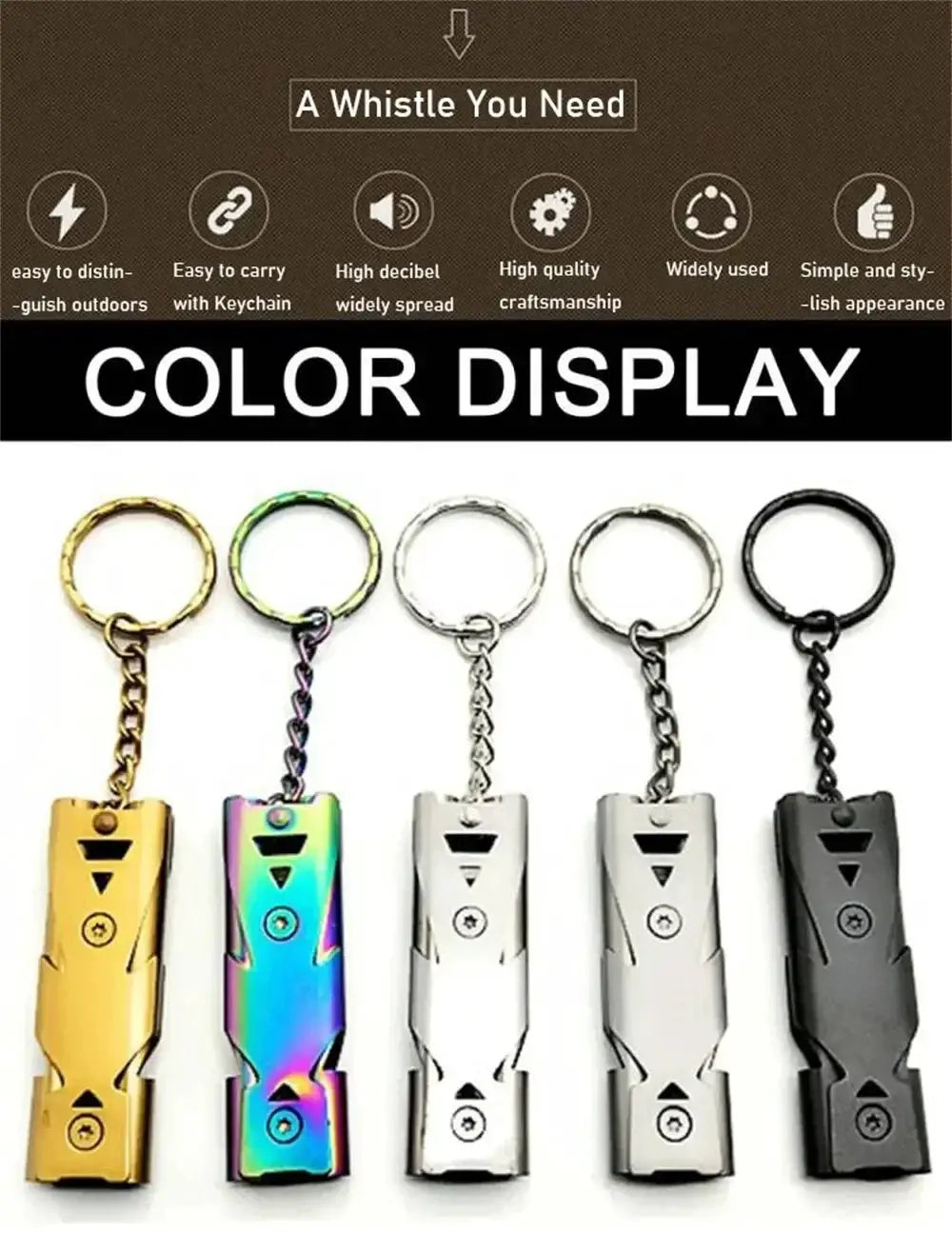 Double pipe whistle pendant keychains set of 5 in gold, rainbow, silver, gray, and black by Simples Market.