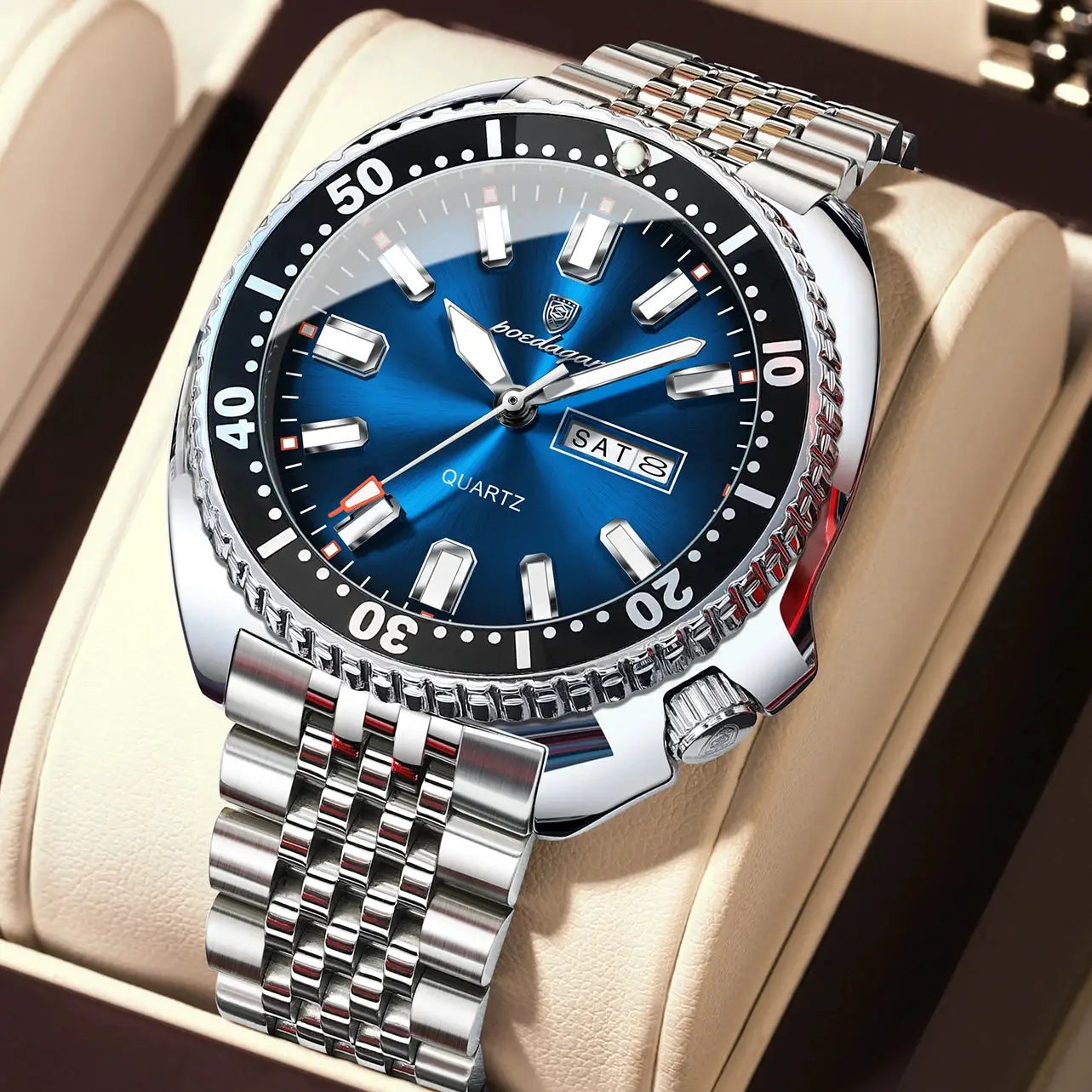 POEDAGAR luxury men's stainless steel wristwatch with blue dial, date window, and luminous markers