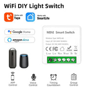Simples Market mini WiFi smart light switch module 16A; Tuya/Smart Life compatible; works with Alexa and Google Home.